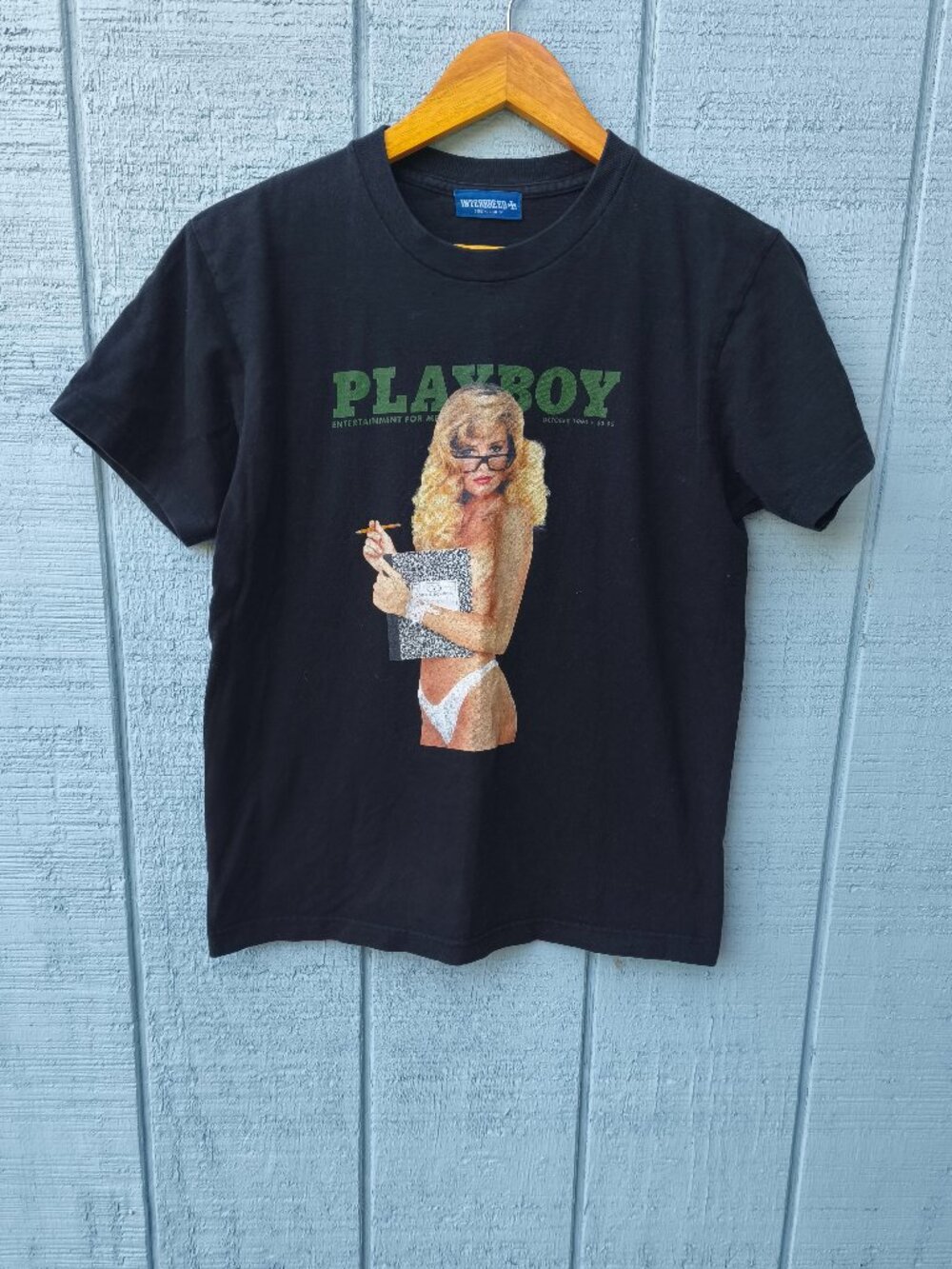 90s y2k Playboy Cotton Blonde School Girl Graphic Tee sz S Black Pinup Novelty